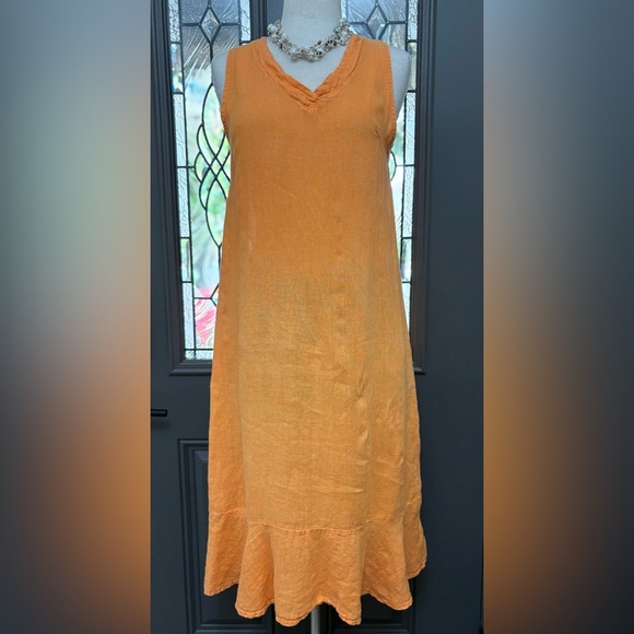 Francesca Bettini Orange Sleeveless V Neck 100% Linen Midi Dress Womens Size L - Picture 1 of 8